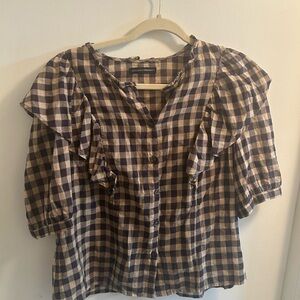 Citizens of Humanity Jolene Blouse Black and Cream Gingham Ruffle Top Size Large